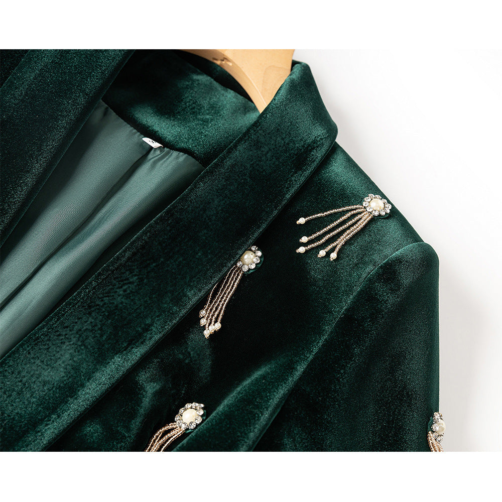 Women's Velvet Beads Suit Set in Dark Green & Black, Sizes S-XXL