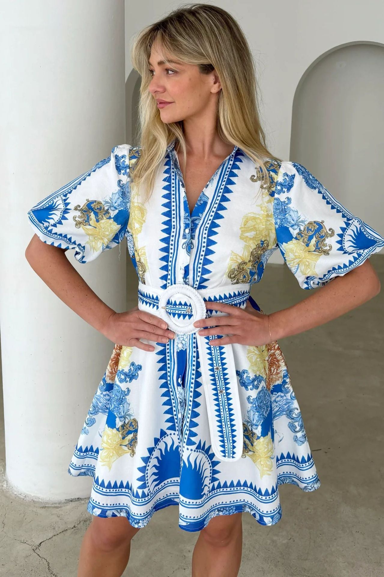 Women's Loose Casual Blue Printed Short Dress