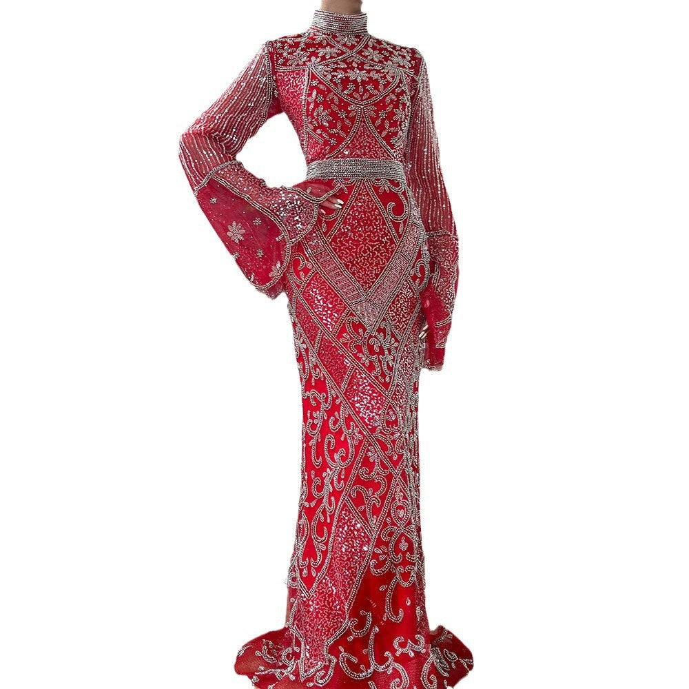 Robe de Soirée Longue Queue de Poisson Col Haut Rouge en Polyester