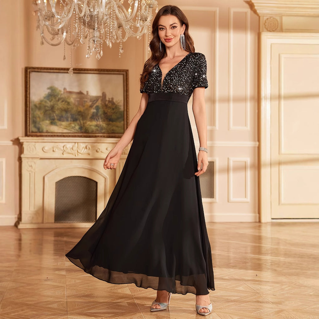 Robe longue à fines bretelles élégante noire à sequins pour femme