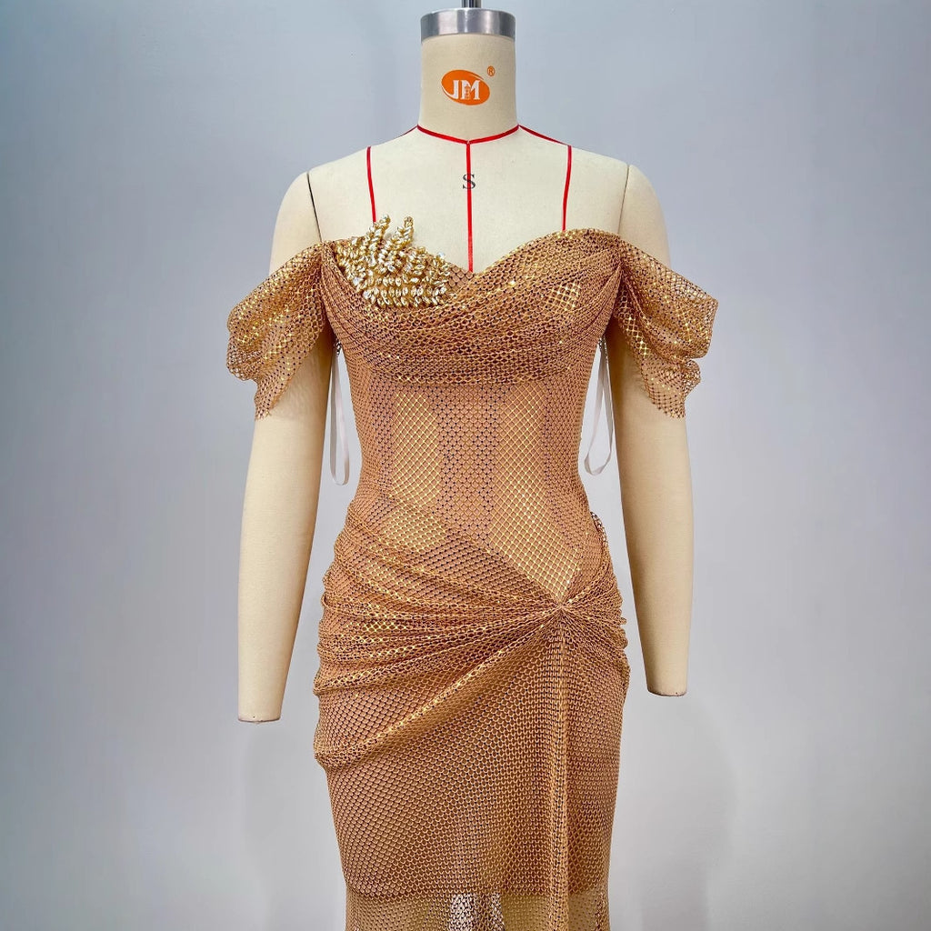 Elegant Golden Off-Shoulder Backless Slim Fit Pleated Long Dress