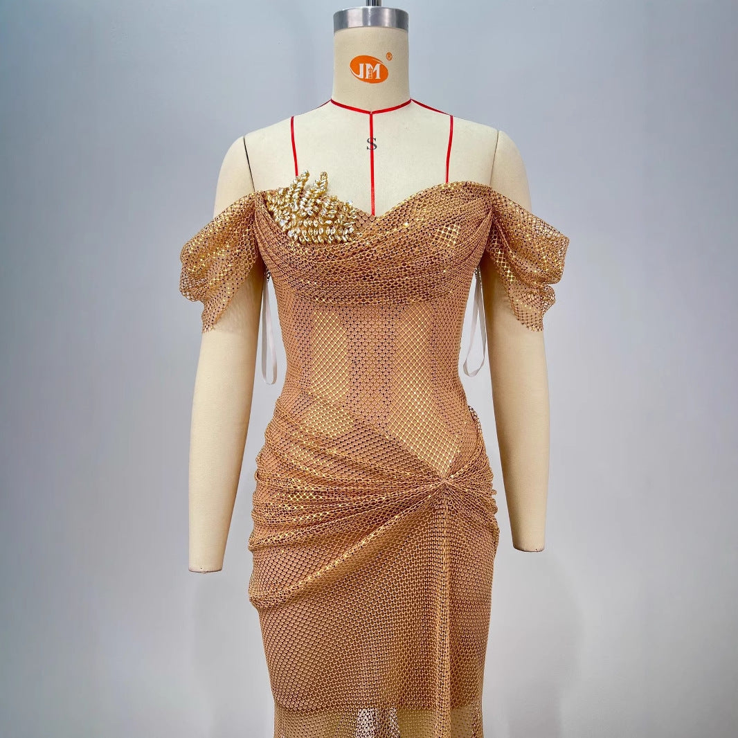 Elegant Golden Off-Shoulder Backless Slim Fit Pleated Long Dress