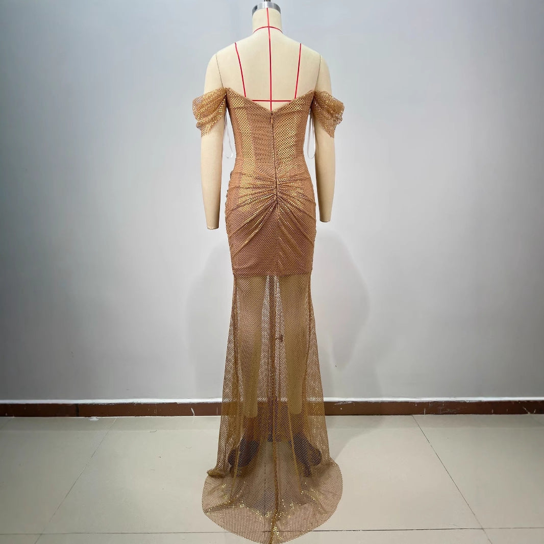 Elegant Fashionable Golden Off-shoulder Backless Slim Fit Pleated Long And Floor Dress