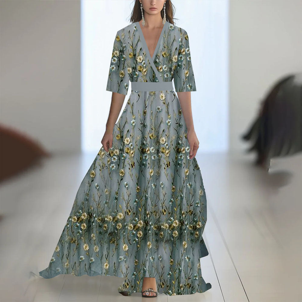 Printed Long Sleeve V-Neck Patchwork Dress with Belt