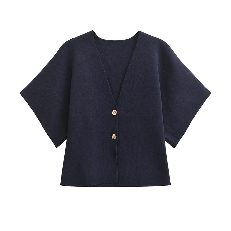 European And American Fashion Women's Wear Elegant Cardigan Plain Stitch Short Sleeve V-neck Casual Simple Knitting Top