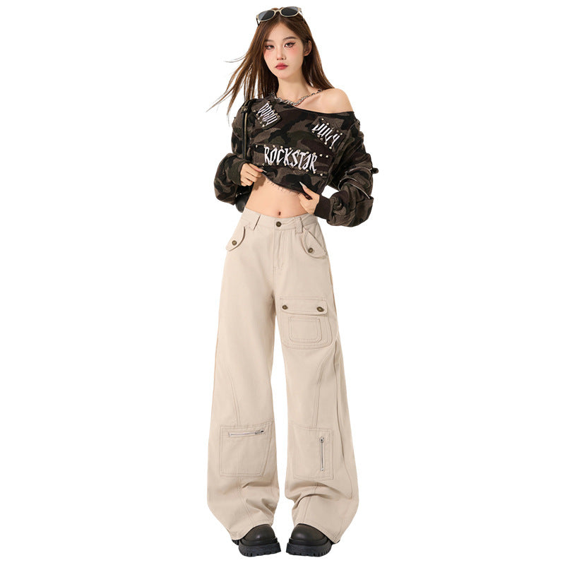 High Waist Khaki Denim Wide Leg Jeans