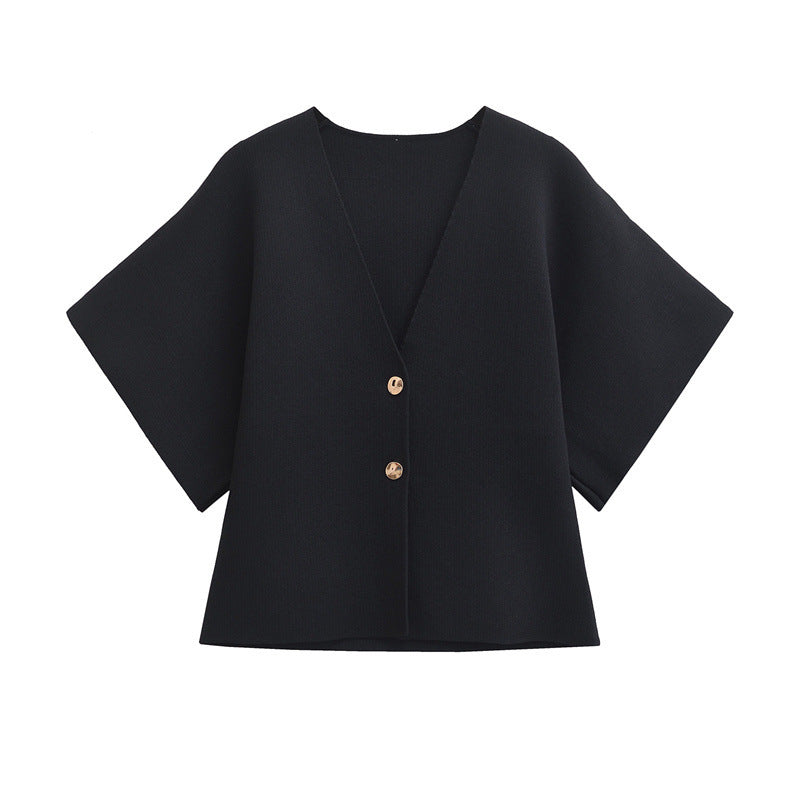 European And American Fashion Women's Wear Elegant Cardigan Plain Stitch Short Sleeve V-neck Casual Simple Knitting Top