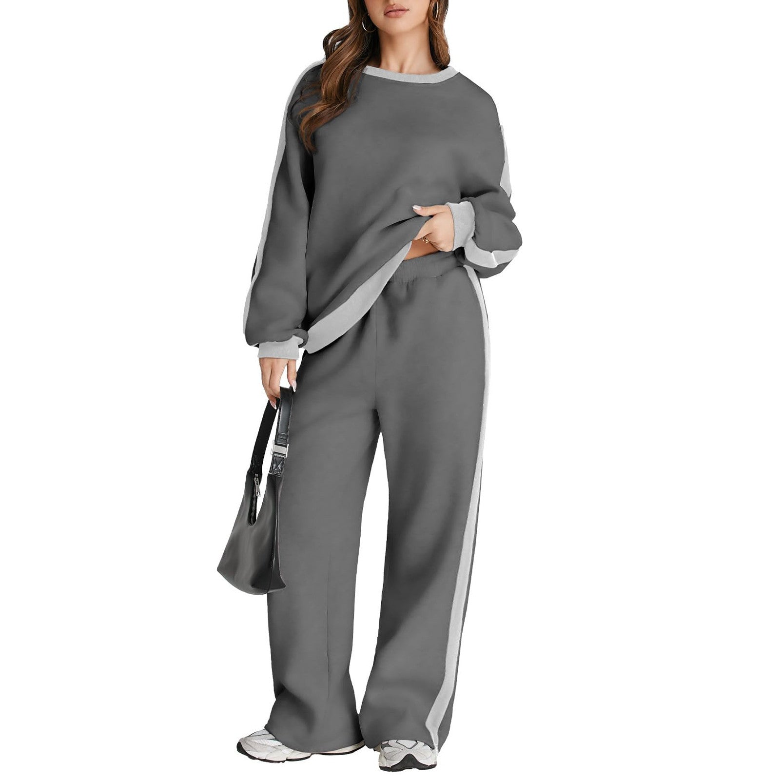 Graceful Color Matching Long Sleeve Loose Pullover Sweatshirt & Sweatpants Set