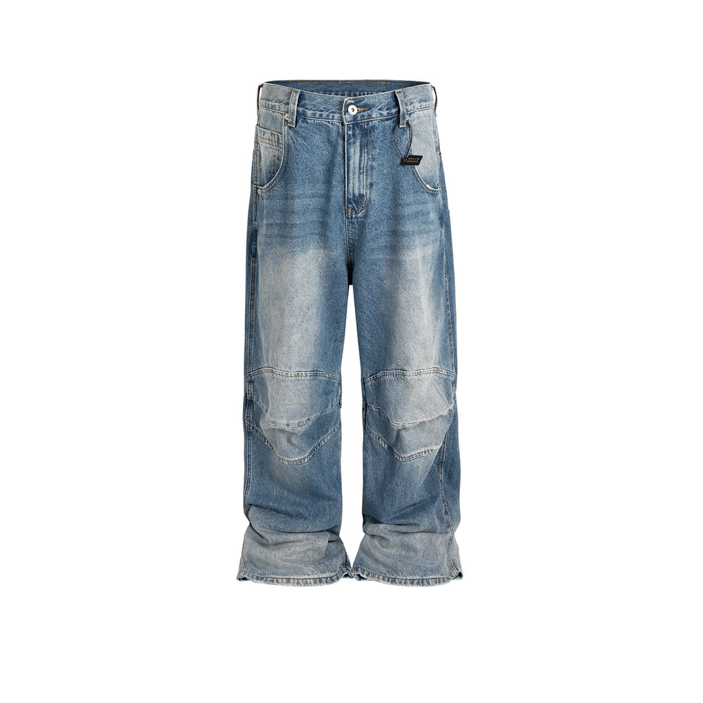 Washed White Blue Baggy Pleated Denim Jeans