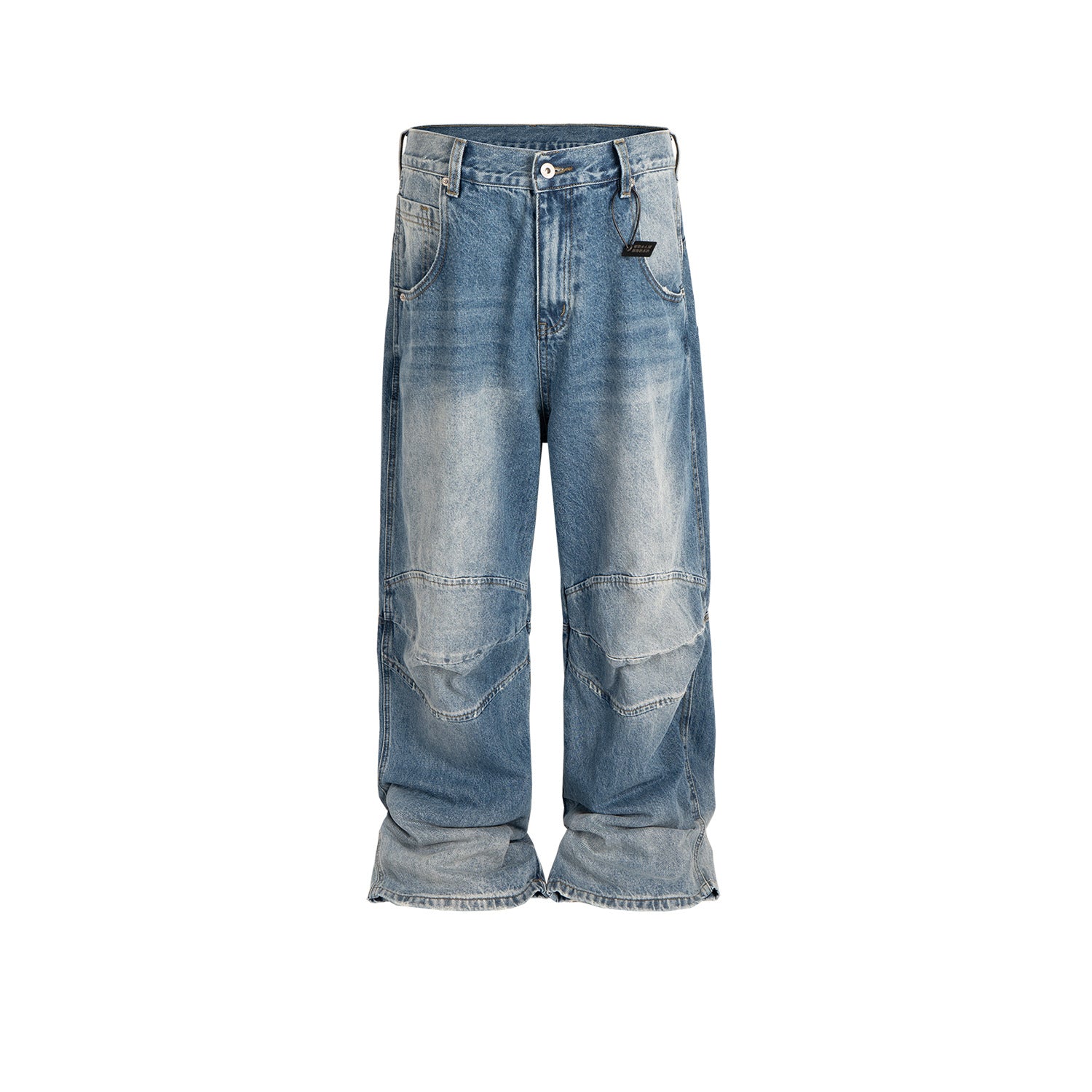 Washed White Blue Baggy Pleated Denim Jeans