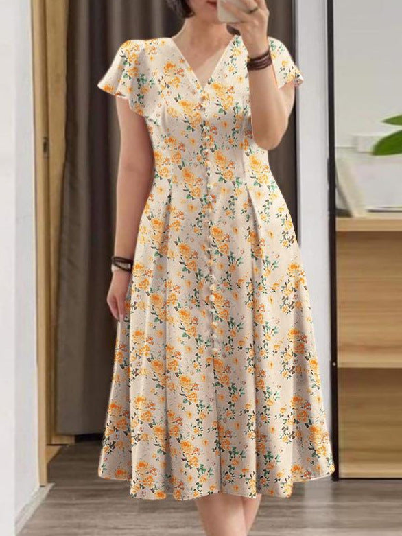 Floral Button-Front Short Sleeve A-Line Dress for Women