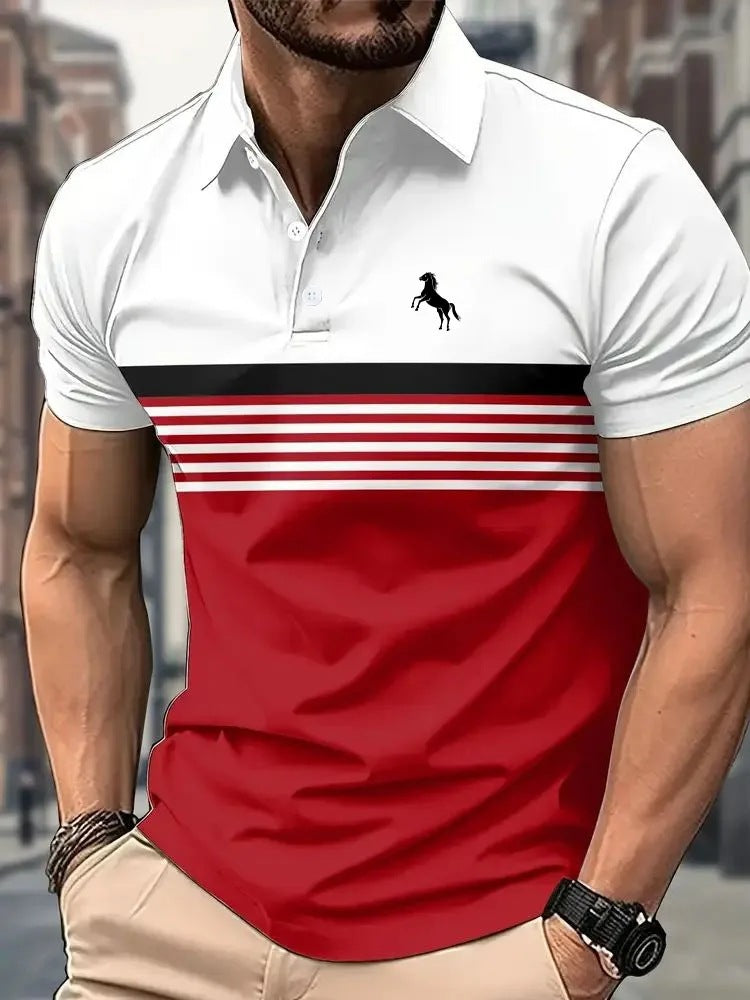Polo de golf décontracté pour homme à rayures et blocs de couleur, avec col sport