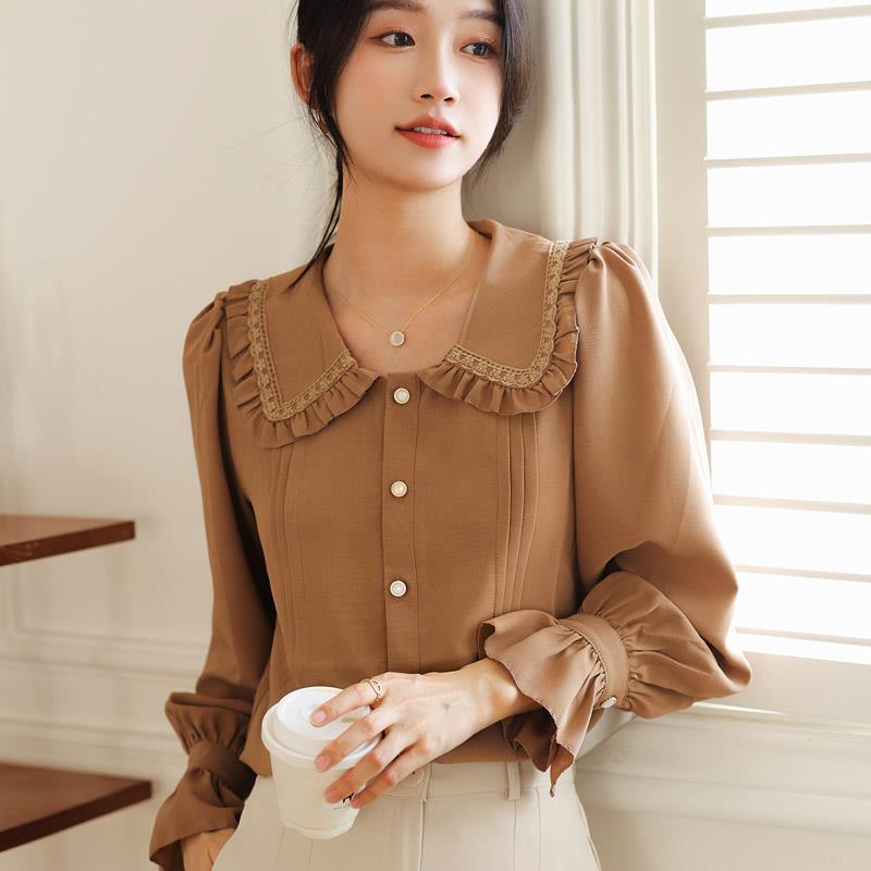 Doll Collar Long Sleeve Shirt with Ruffles in Creamy White and Brown