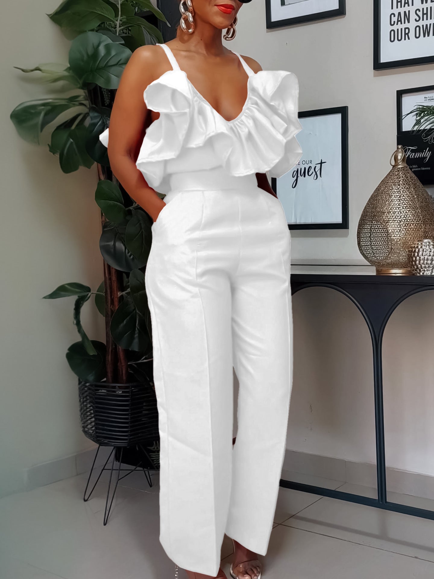 V-Neck Flounce Sling Top & High Waist Trousers Suit