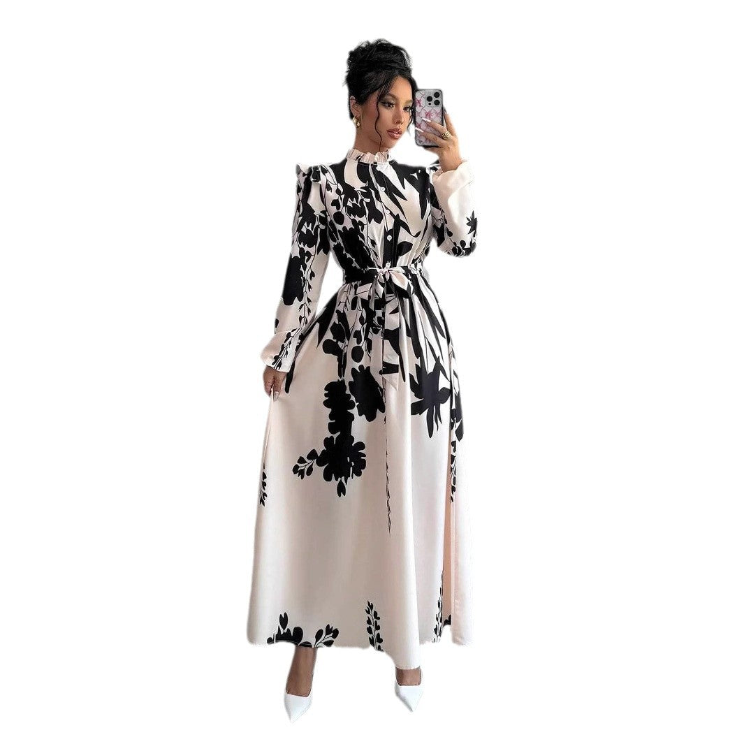 Robe trapèze femme beige imprimé fleuri taille manches longues