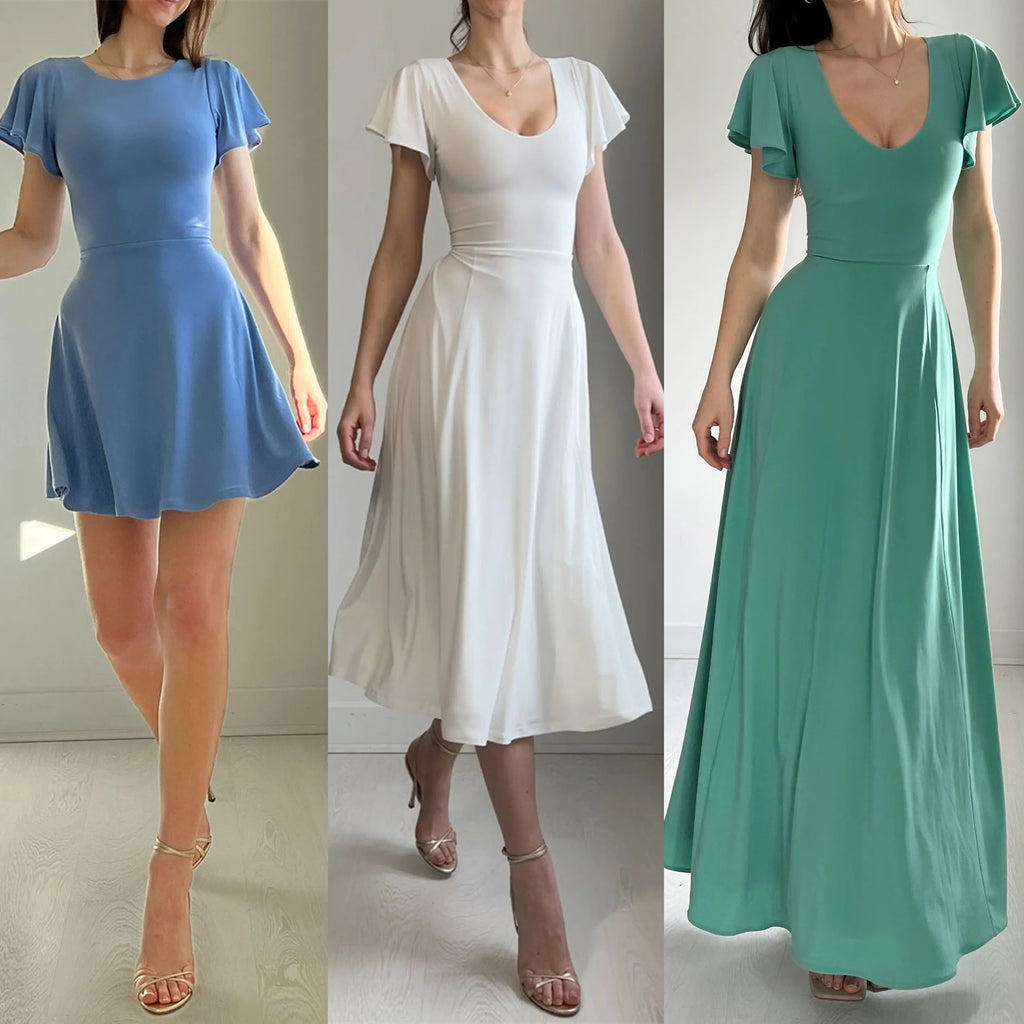 Robe trapèze mi-longue française à manches à volants pour femme