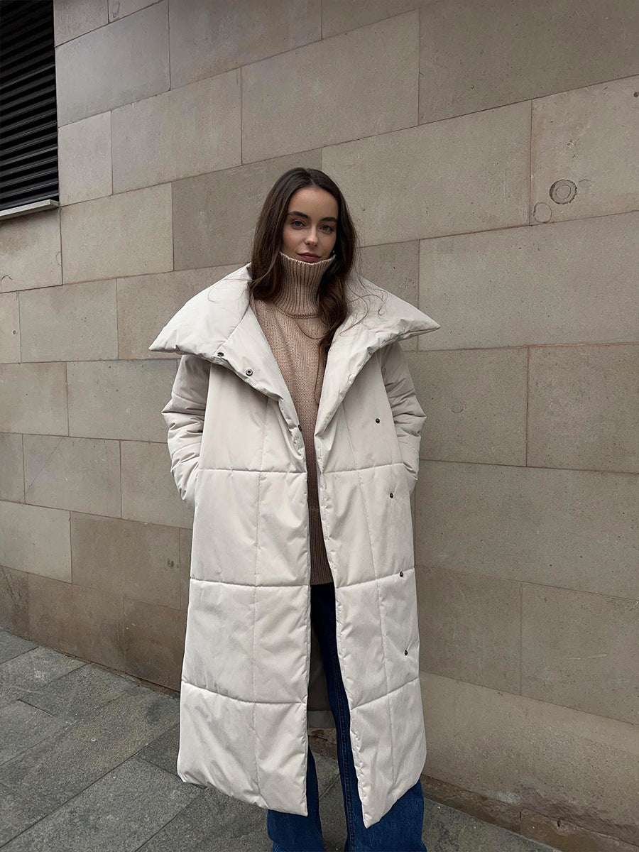 Fashion Large Lapel Long Winter Cotton Coat with Pockets and Lace-Up Design for Women