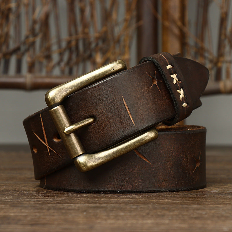 Vintage Washed First Layer Cow Leather Pin Buckle Jeans Belt 3.8cm Wide