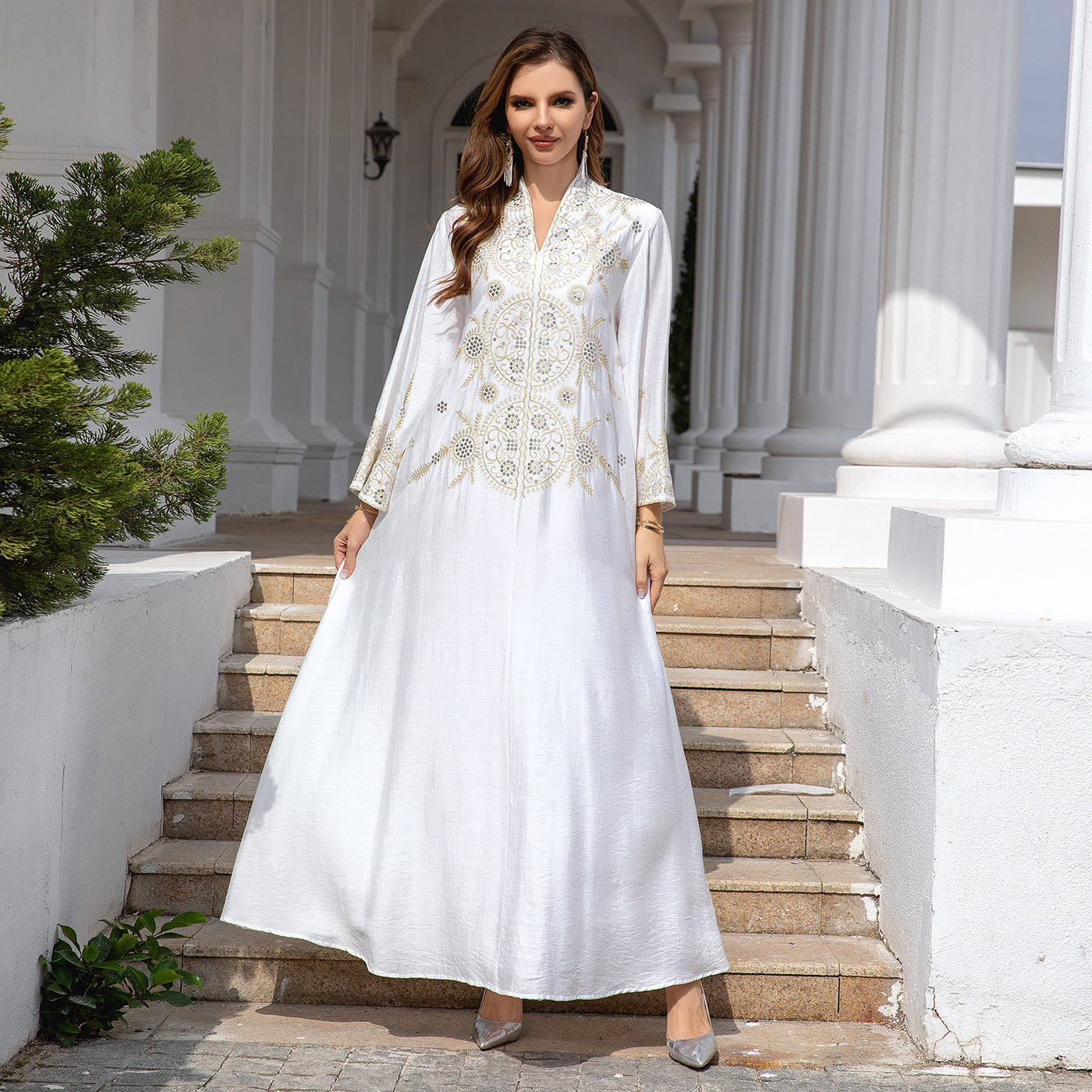 Muslim Women's Embroidered Robe Dress Long Sleeve Polyester