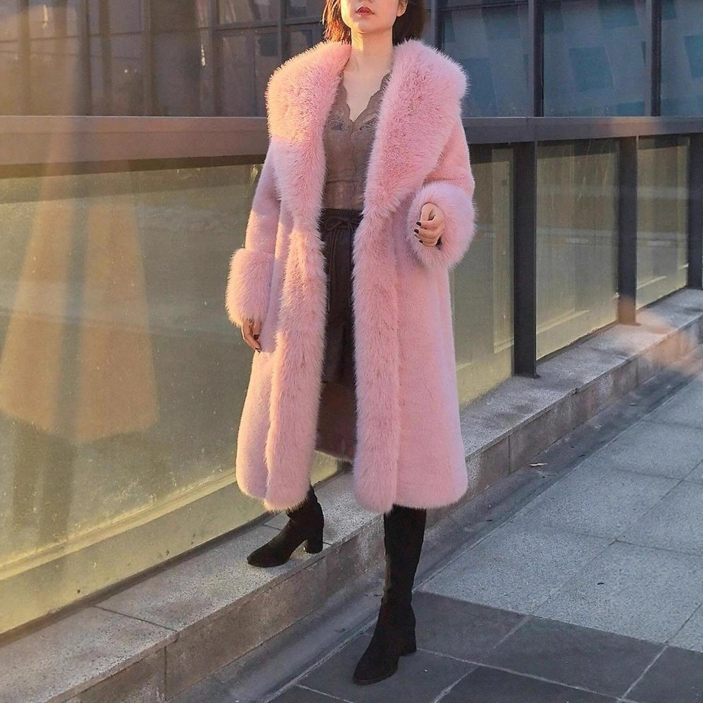 Women's Thick Faux Rabbit Fur Mid-Length Leather Coat