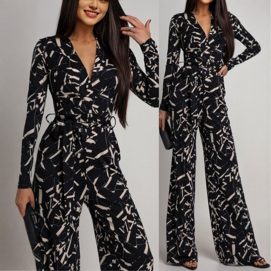 V-Neck Printed Long-Sleeve Jumpsuit for Women
