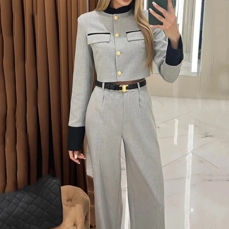 Ensemble pantalon large gris élégant en polyester pour femme