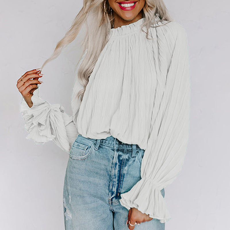 Autumn Winter Pullover Loose Top with Pleated Texture and Ruffle Sleeves