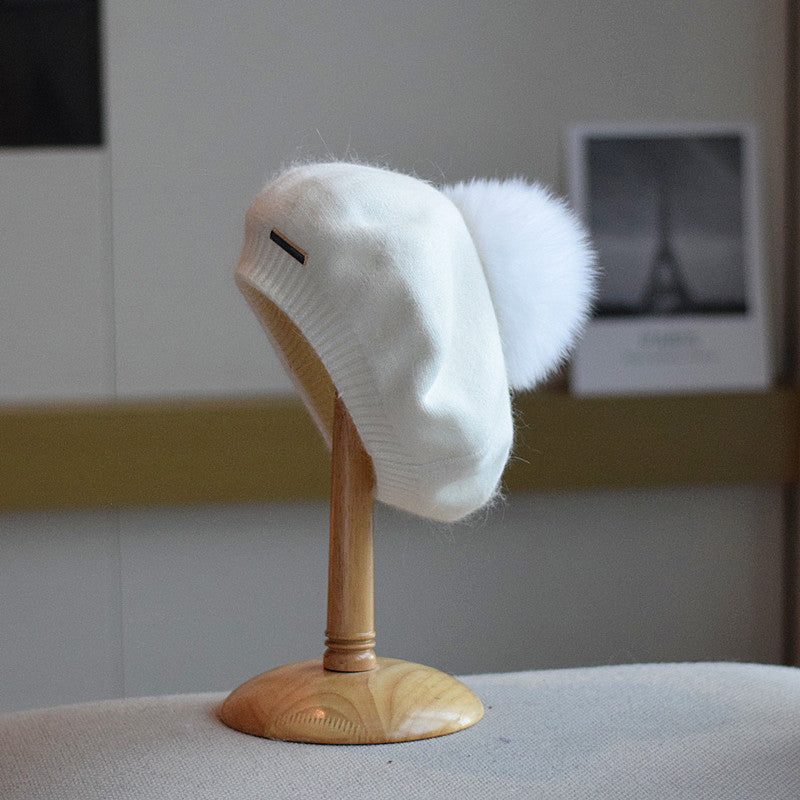 Japanese Style Rabbit Fur Beret Hat for Women, Size M, Winter Warmth, Multiple Colors