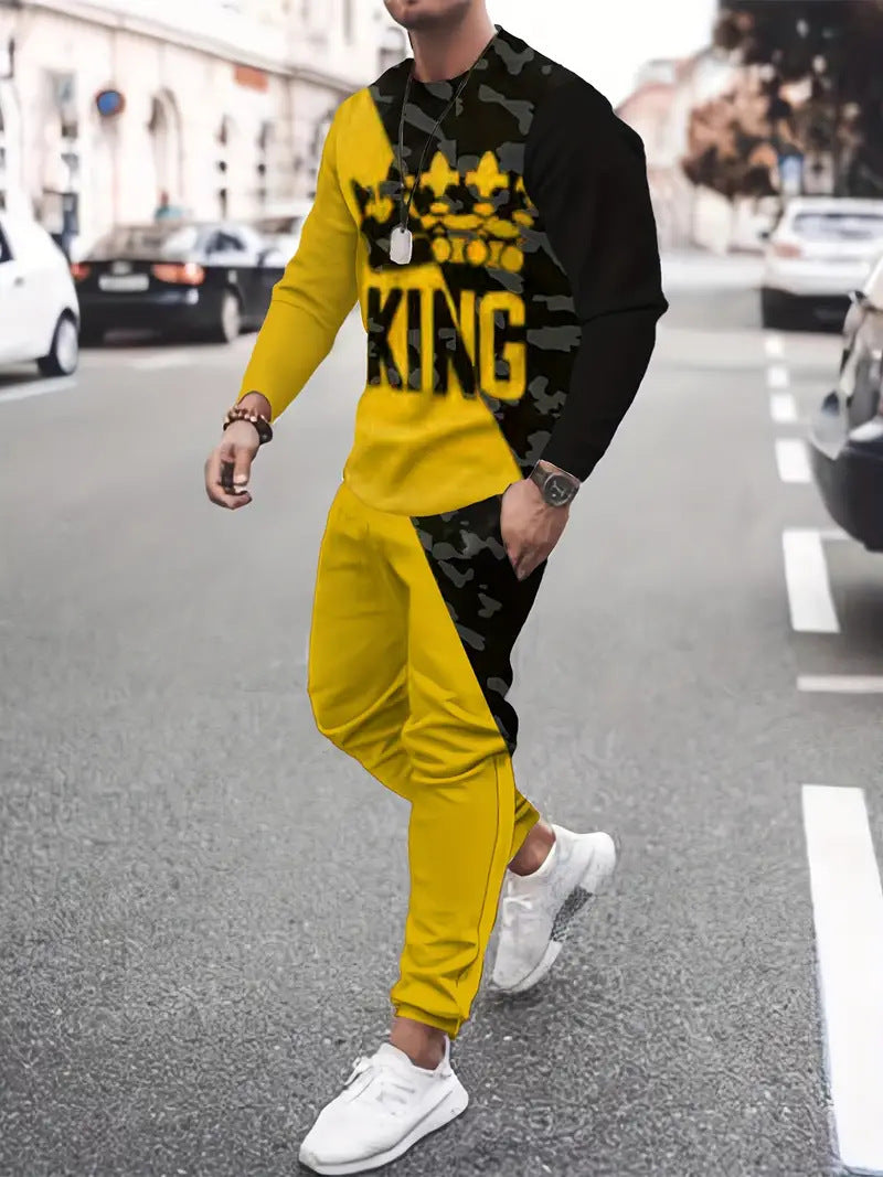 Men's 3D Digital Print Round Neck Sports Sweatshirt Suit