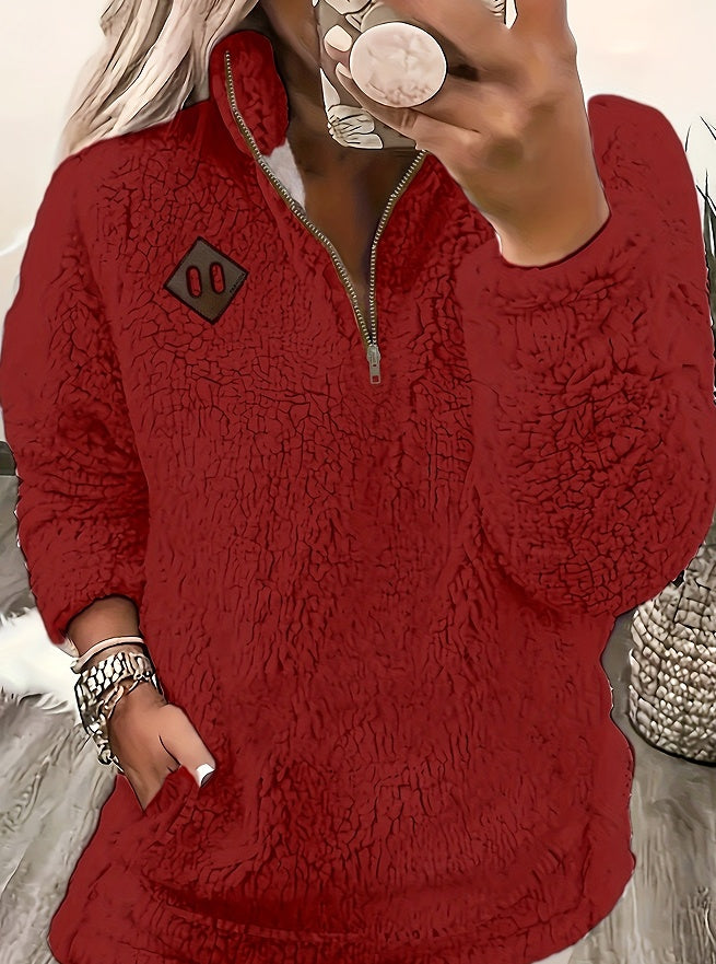 Solid Color Plush Half Zipper Pocket Pullover Sweater Top Women