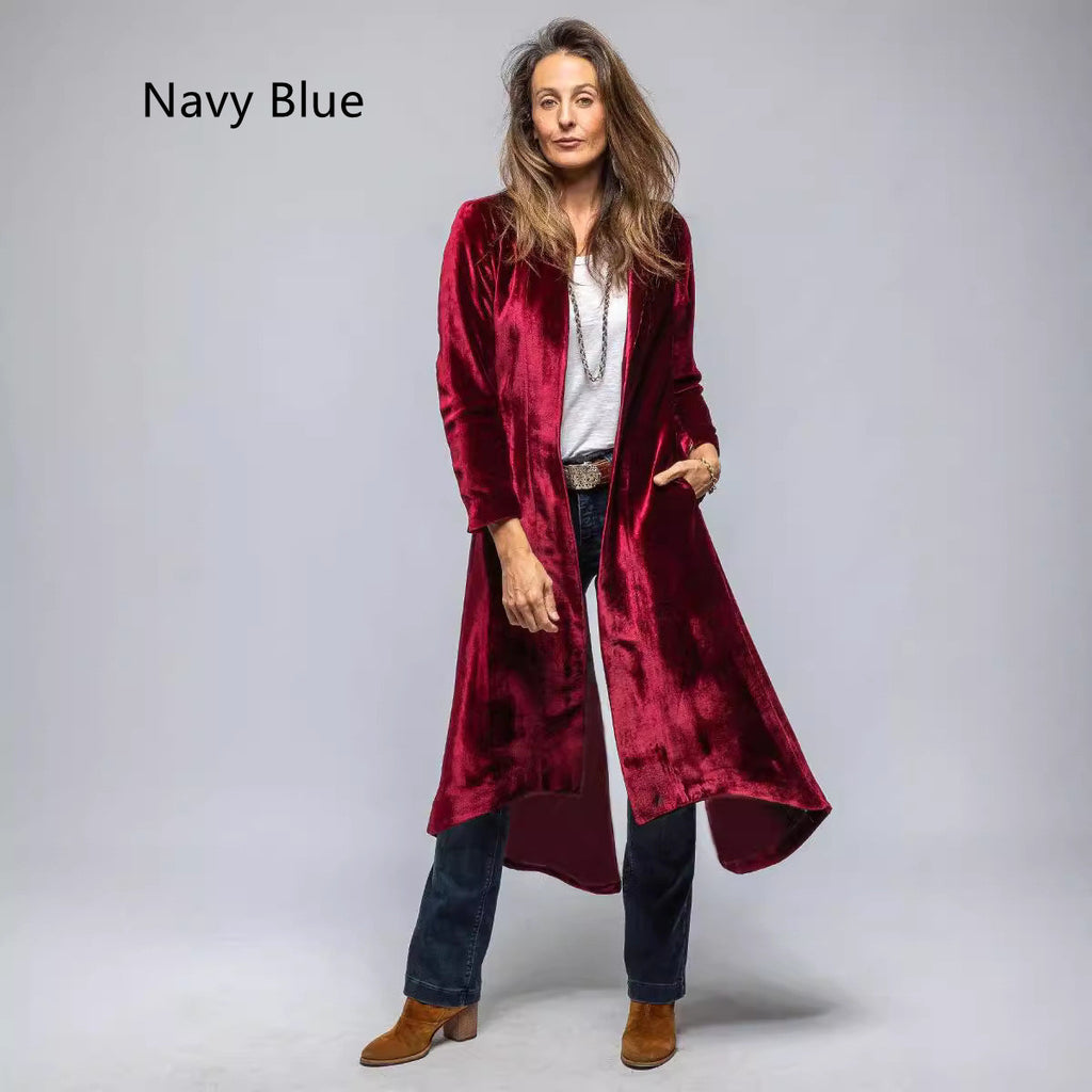 Women's Velvet Long Cardigan Solid Color Retro Split Trench Coat Loose Overcoat
