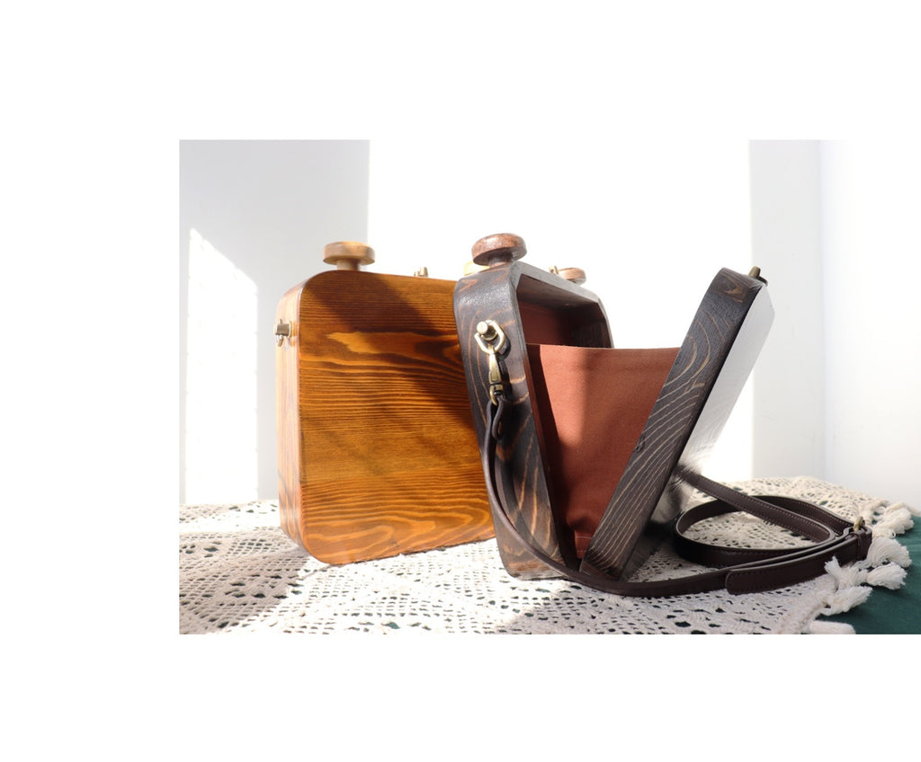 Sac bandoulière rétro chat en bois 20cm marron foncé