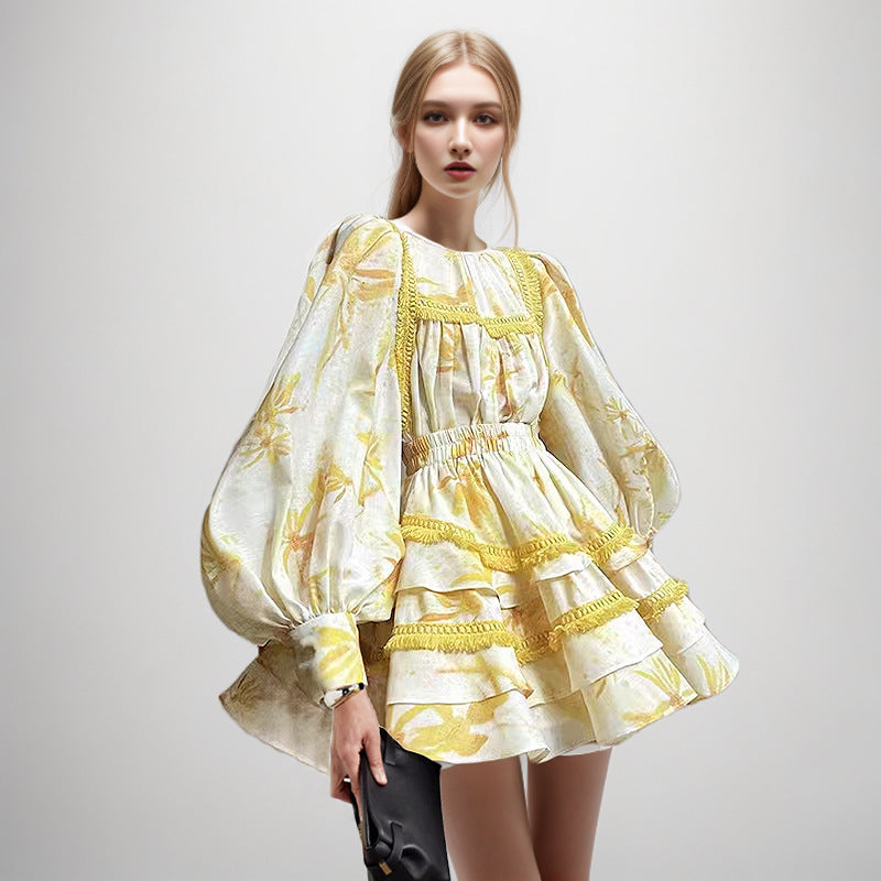 Women’s Fashion Floral Ruffles Skirt Suit with Lantern Sleeves