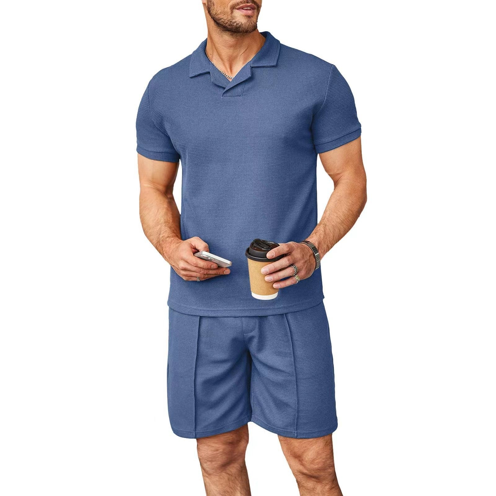 Lot de 2 polos à col en V pour homme, manches courtes, style gaufré, t-shirt décontracté d'été