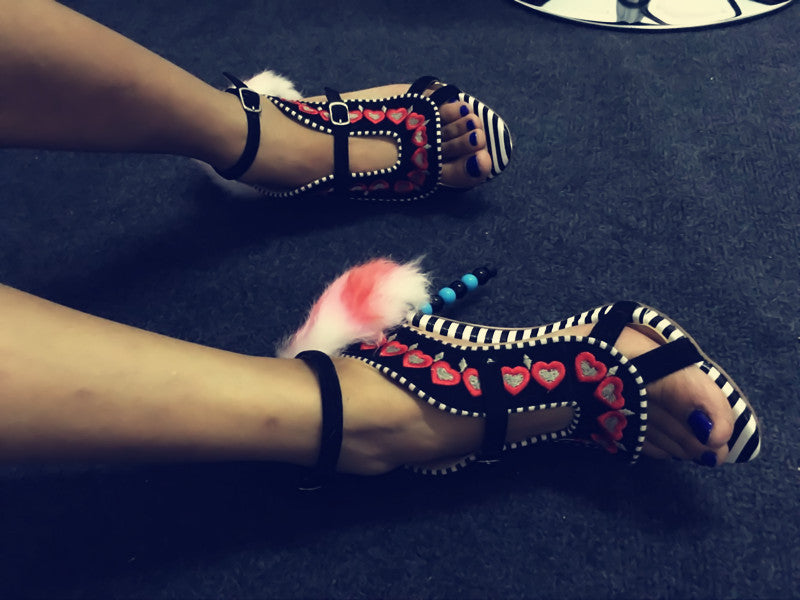 Embroidered Heart Suede Sandals with One Line Buckle, Sizes 34-43, Black