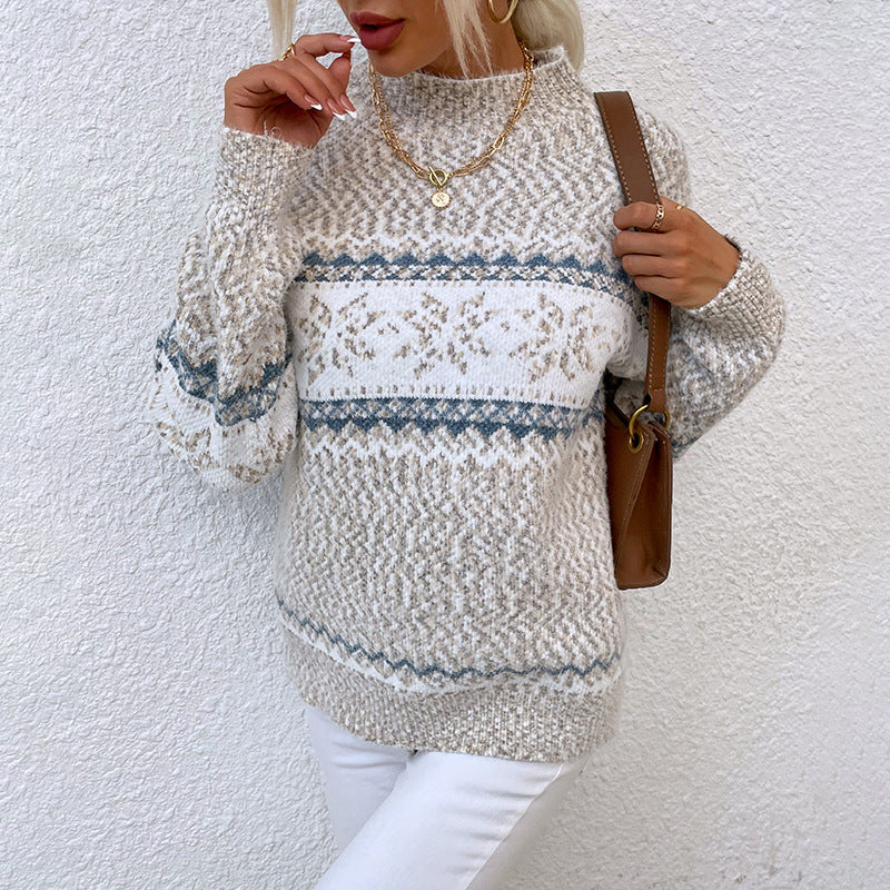 Winter Snowflake Half Turtleneck Sweater Women's Christmas Pullover