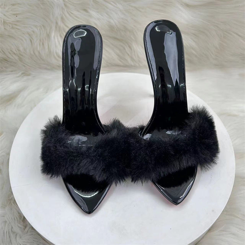 12cm Black PU Pointed Toe Stiletto High Heels Open Toe