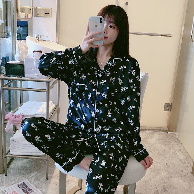 Women’s Sweet Luxury 5050 Artificial Silk Lapel Long Sleeve Pajama Set with Trousers
