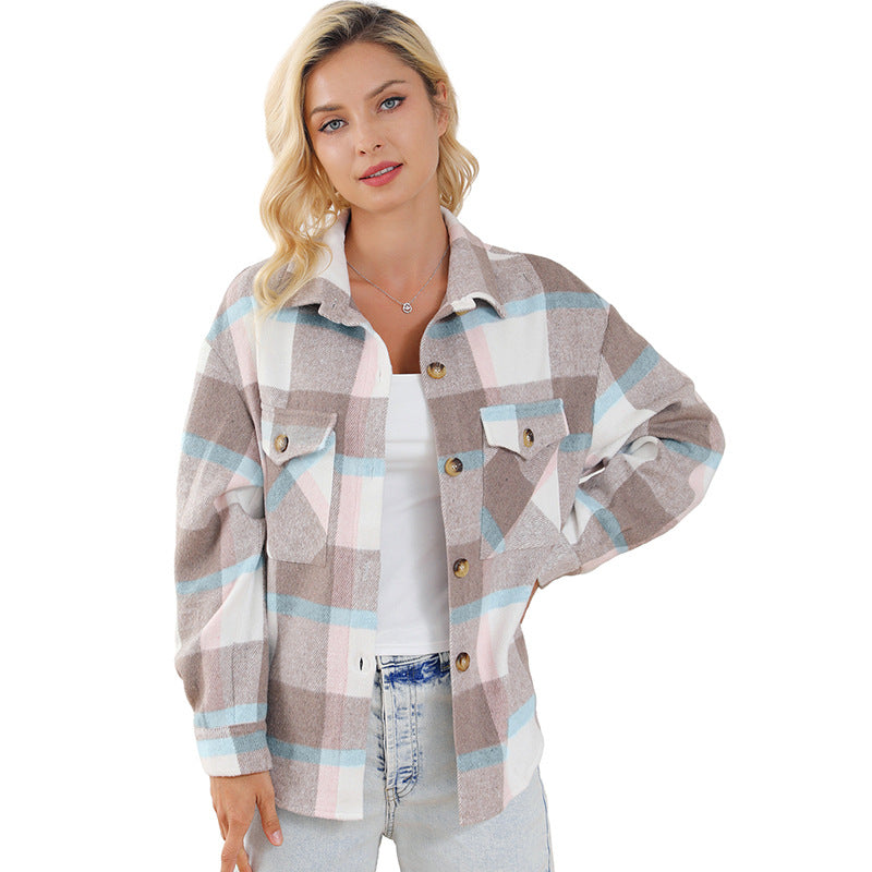 Manteau décontracté à carreaux pour femme à manches longues et col rabattu pour l'automne