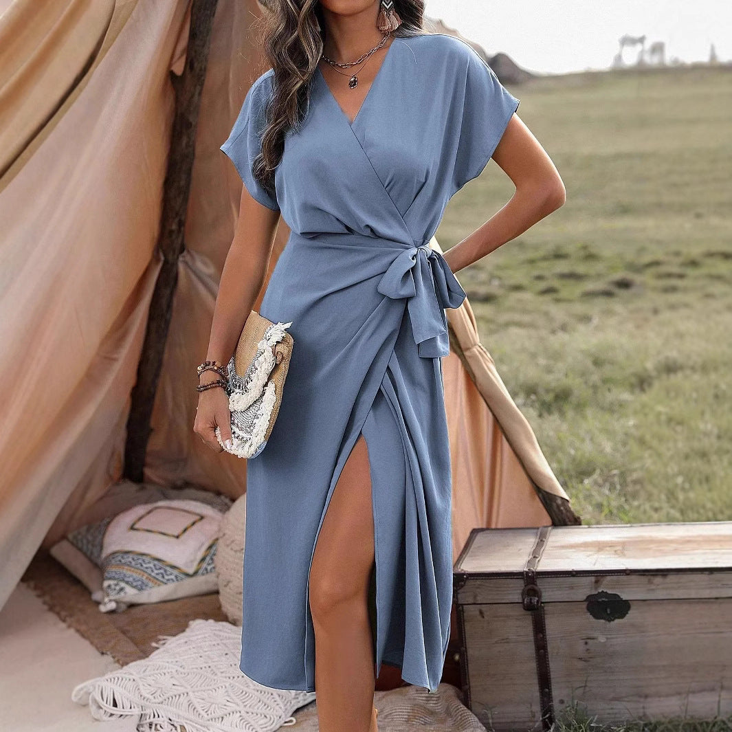 Women's Solid Color Wrap Suspender Dress Mid-Length Commuting Fashion