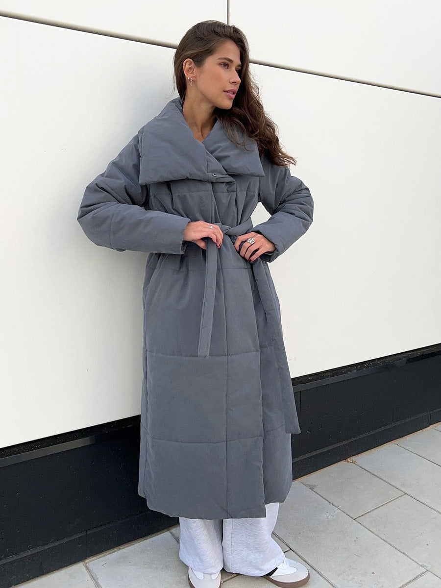Fashion Large Lapel Long Winter Cotton Coat with Pockets and Lace-Up Design for Women