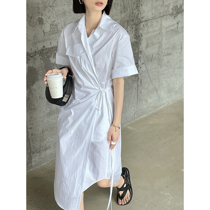 Women's Irregular Tie Side Slit Short Sleeve Lapel Cotton Shirt Dress