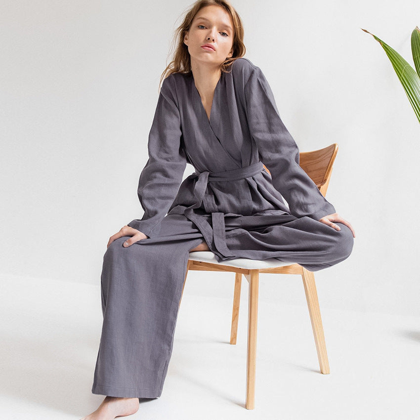 Cotton Linen Women’s Lace-Up Long Sleeve Pajama Set