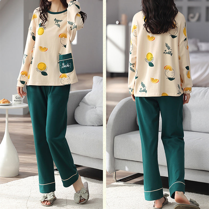 Ensemble de pyjama en coton mélangé imprimé ample pour femme - Haut à manches longues et pantalon - Vêtements de nuit et de détente pour automne et hiver