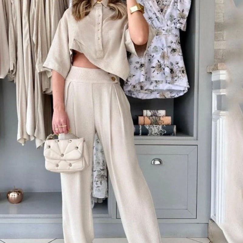 Light Gray Irregular Top & Casual Pants Suit – Polyester, S-XXL, Japanese Korean Style