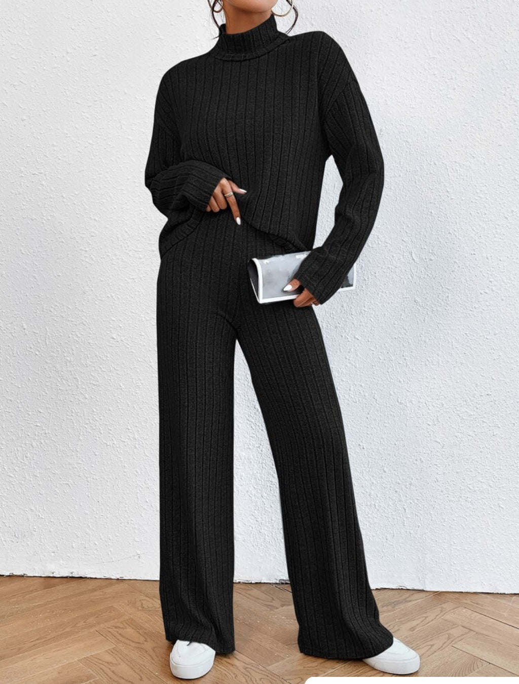 Turtleneck Long Sleeve Loose Stripe Wide Leg Pants Two-Piece Set