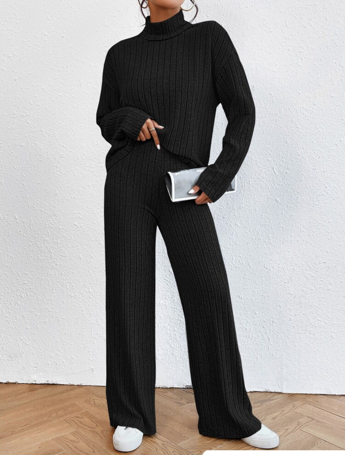 Turtleneck Long Sleeve Loose Stripe Wide Leg Pants Two-Piece Set