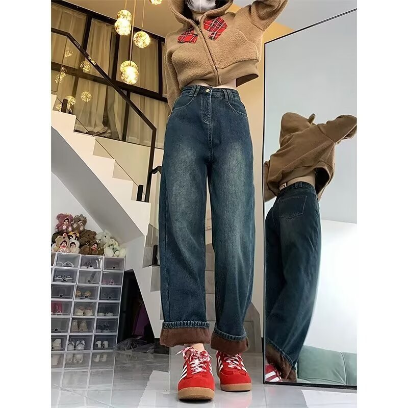 Fleece-lined Thick Jeans Female High Waist Straight Pants