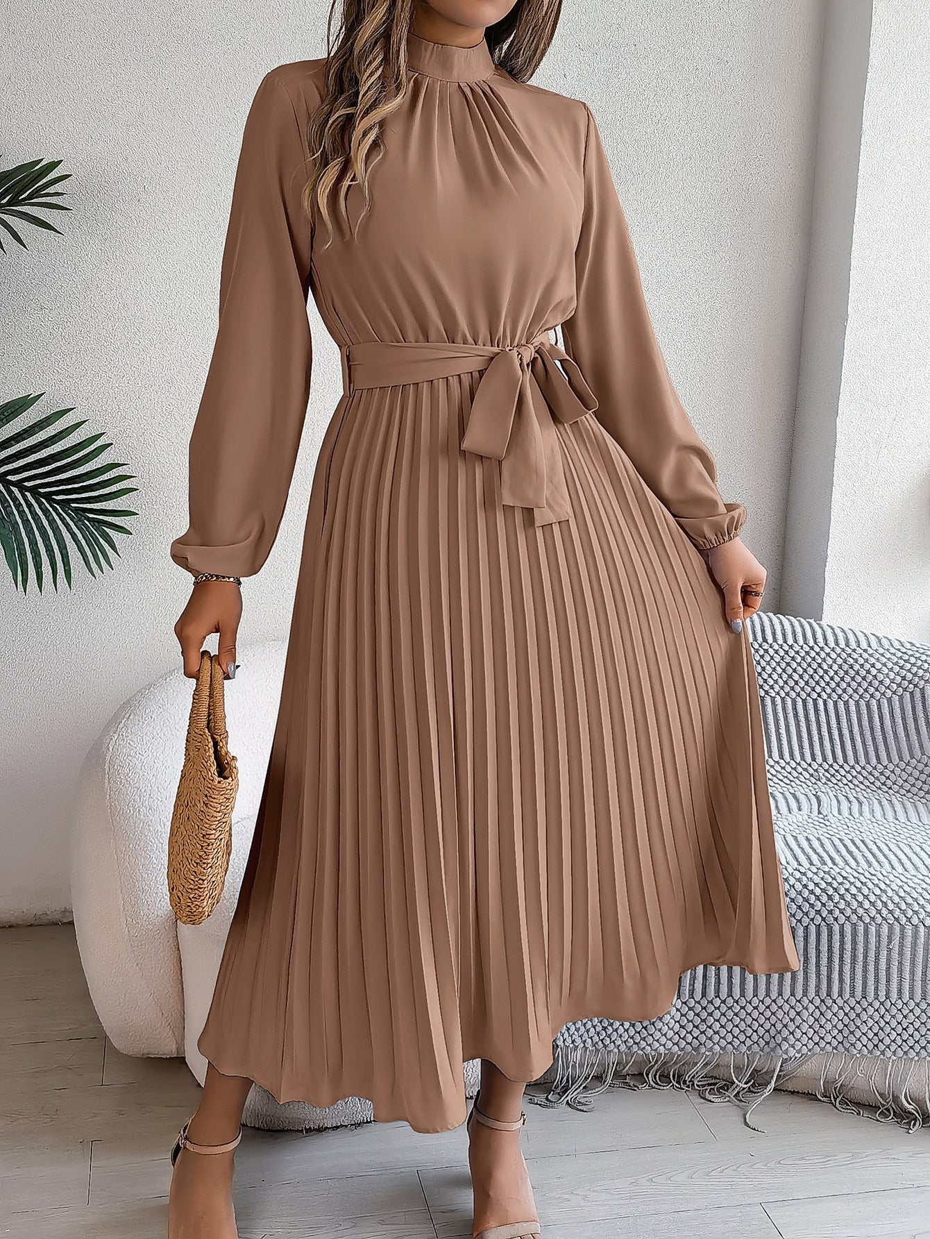 Stand Collar Long Sleeve Cinched Pleated Dress