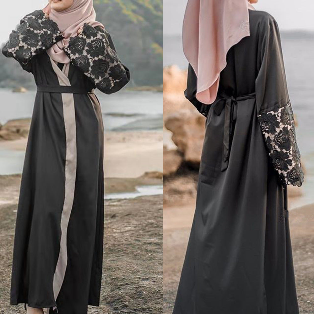 Black Lace Cuffs Long Sleeve Loose Lace-Up Cardigan Robe for Women S-2XL